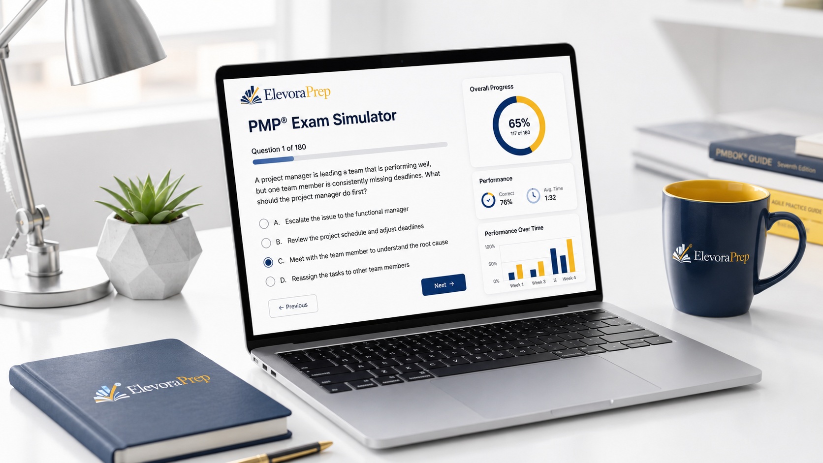 Exam Simulators interface on ElevoraPrep displayed on a laptop