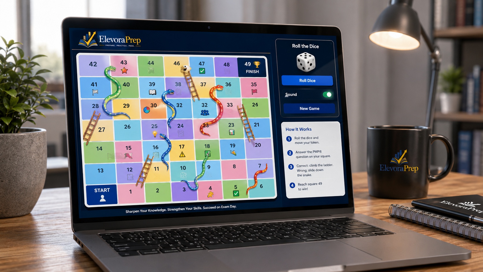 Learning Games interface on ElevoraPrep displayed on a laptop