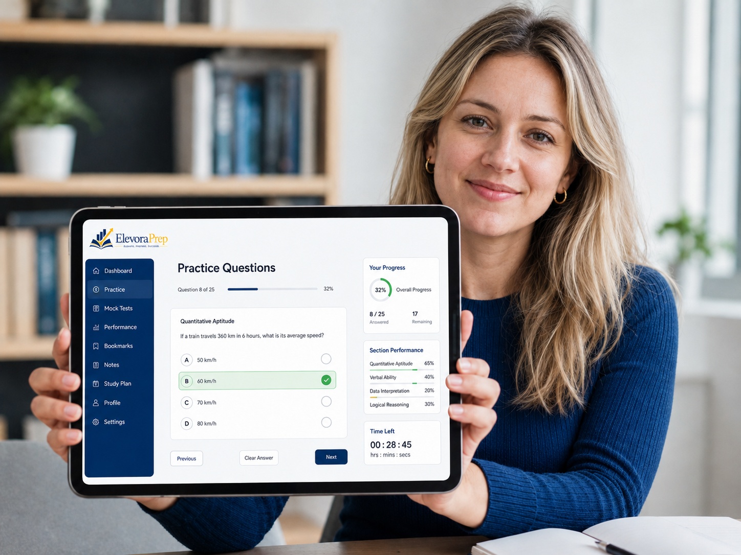 Practice Questions by Topic on ElevoraPrep displayed on a tablet